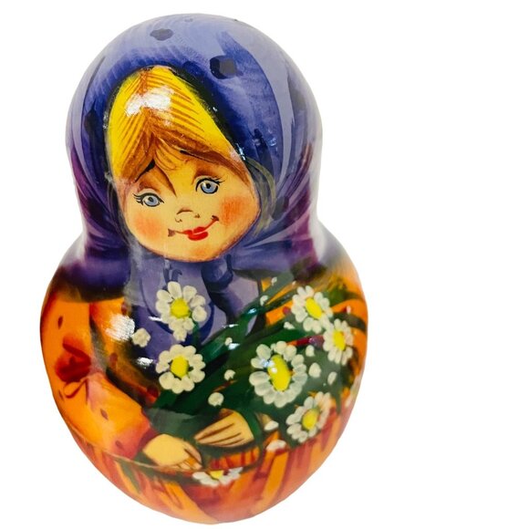 Vintage Hand-Painted Russian Nesting Dolls Set Of 5 Winter Party Blue Scarf - Picture 6 of 16